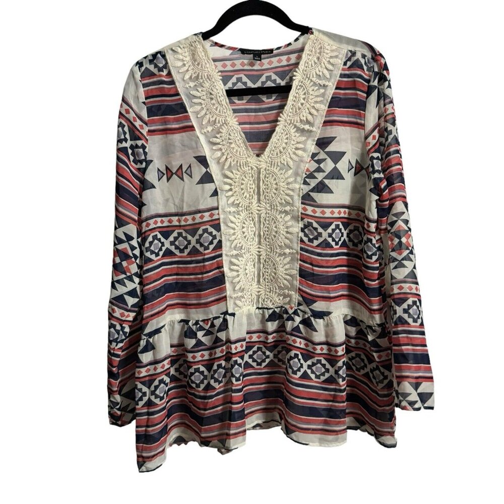 Signature Studio Women Top L Blue Aztec Lace Sheer Ruffle Boho Hippie Flowy